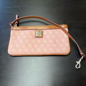 Dooney & Bourke Pink Signature Wristlet with Brown Leather Trim and Gold Plate